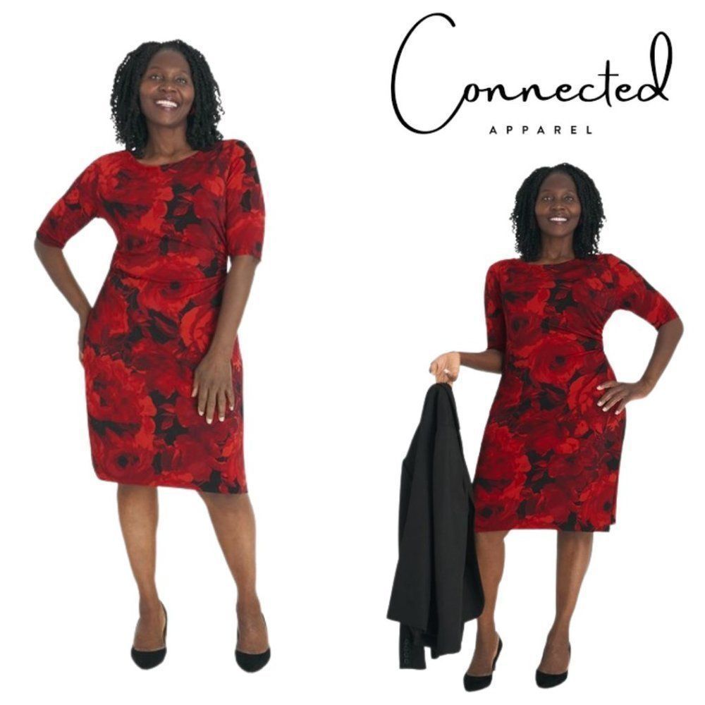 Connected Apparel Red & Black Floral Sheath Dress